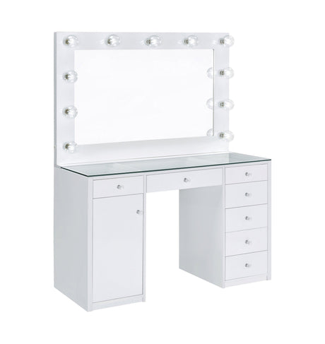 Percy vanity showing drawer details and crystal knobs