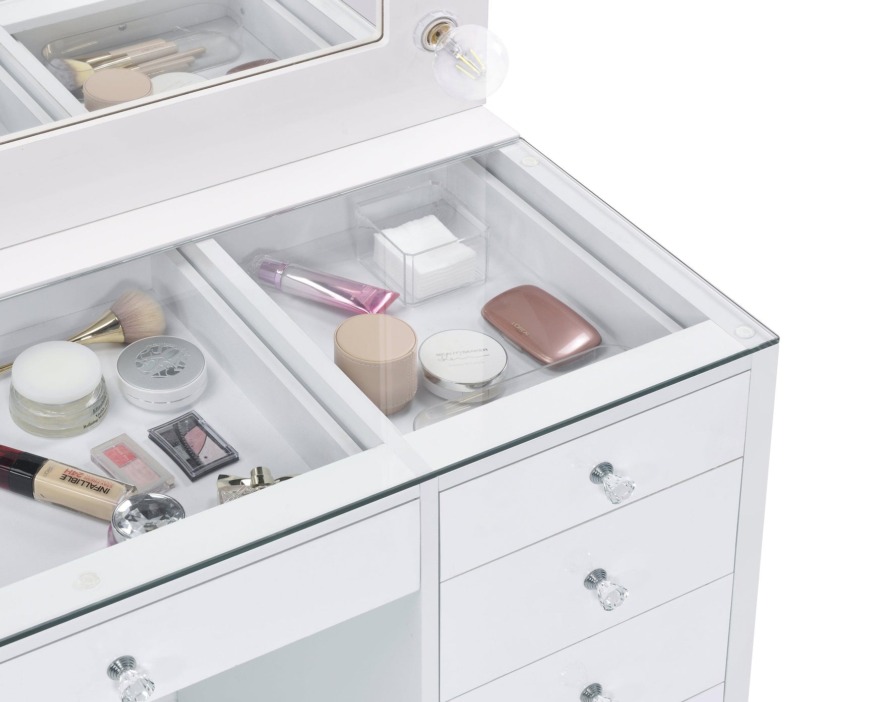 Percy 7-Drawer Glass Top Vanity Desk With Lighting White - Ella Furniture