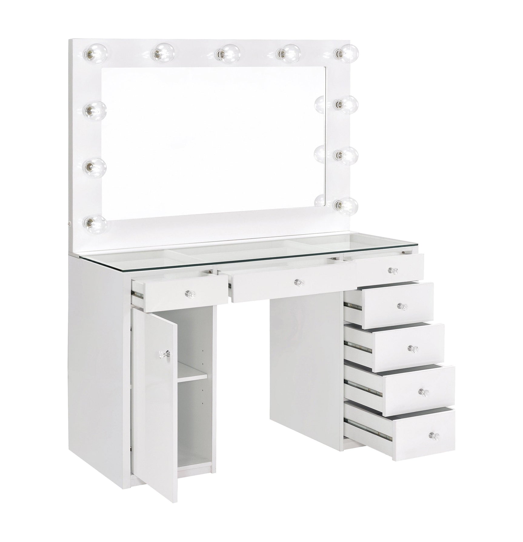 Percy 7-Drawer Glass Top Vanity Desk With Lighting White - Ella Furniture