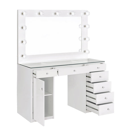 Side angle of white glass top vanity with illuminated mirror