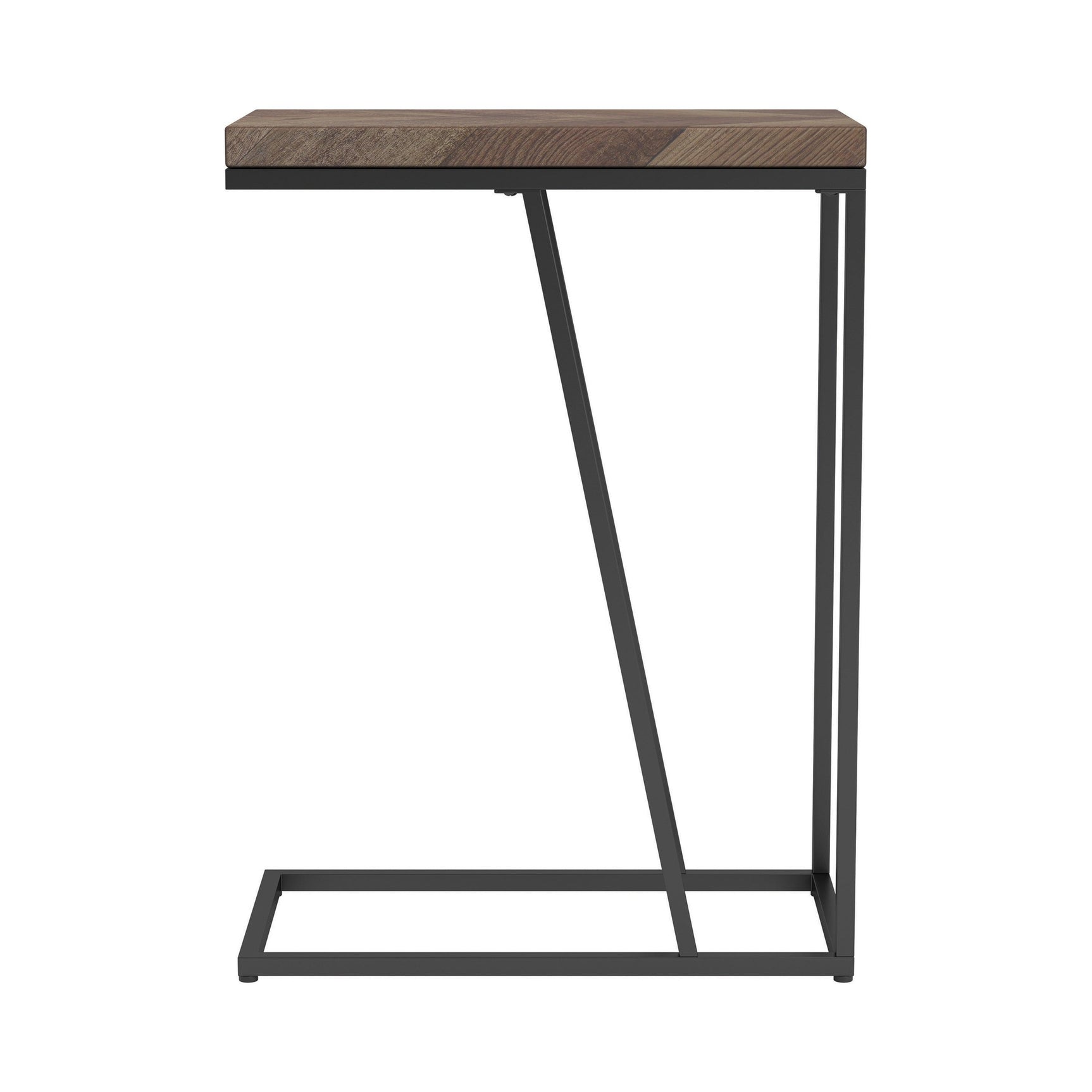 Side view of Sergio Chevron accent table showing drawer and metal legs