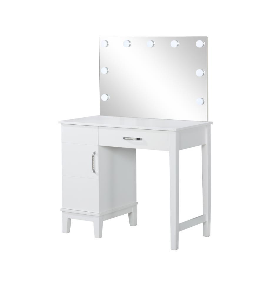 Elijah Vanity Set side angle showing curved legs and storage drawers