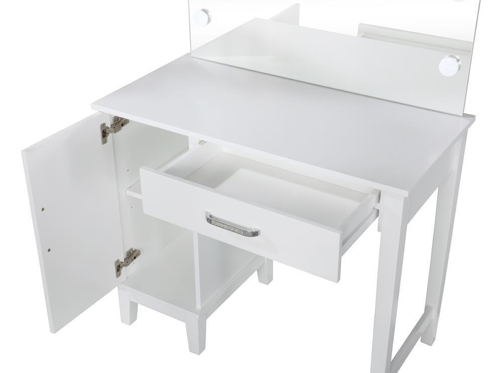 Close-up of vanity mirror with LED lights and pull handles