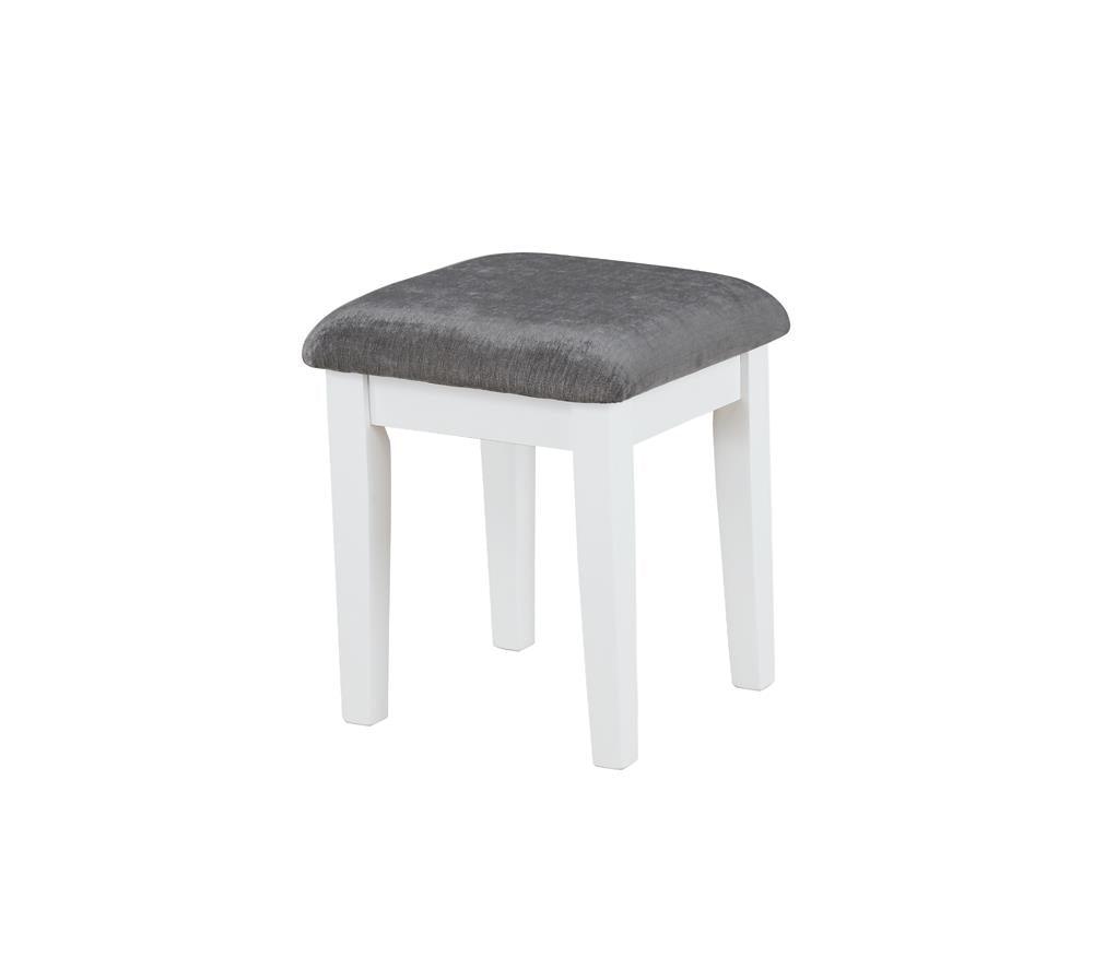 Elijah Vanity Set with stool displaying soft grey velvet upholstery