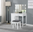 Elijah Vanity Set front angle with illuminated mirror and white wood frame