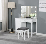 Elijah Vanity Set front angle with illuminated mirror and white wood frame