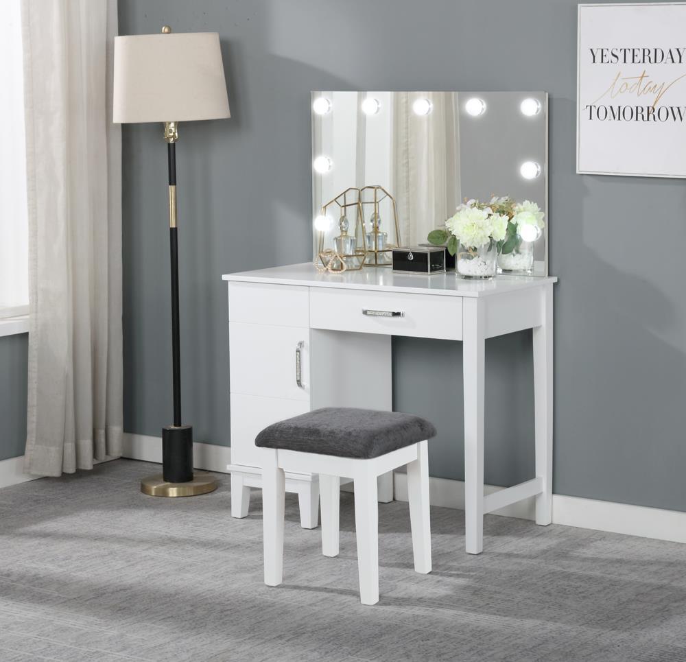Elijah Vanity Set front angle with illuminated mirror and white wood frame