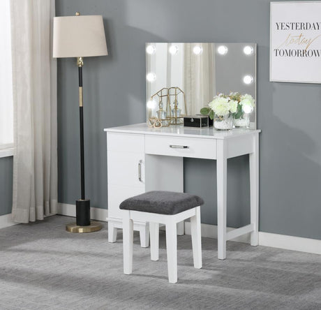 Elijah Vanity Set front angle with illuminated mirror and white wood frame