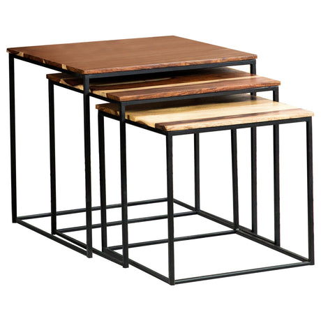 Belcourt medium and small nesting tables nested together showing square design and rustic finish