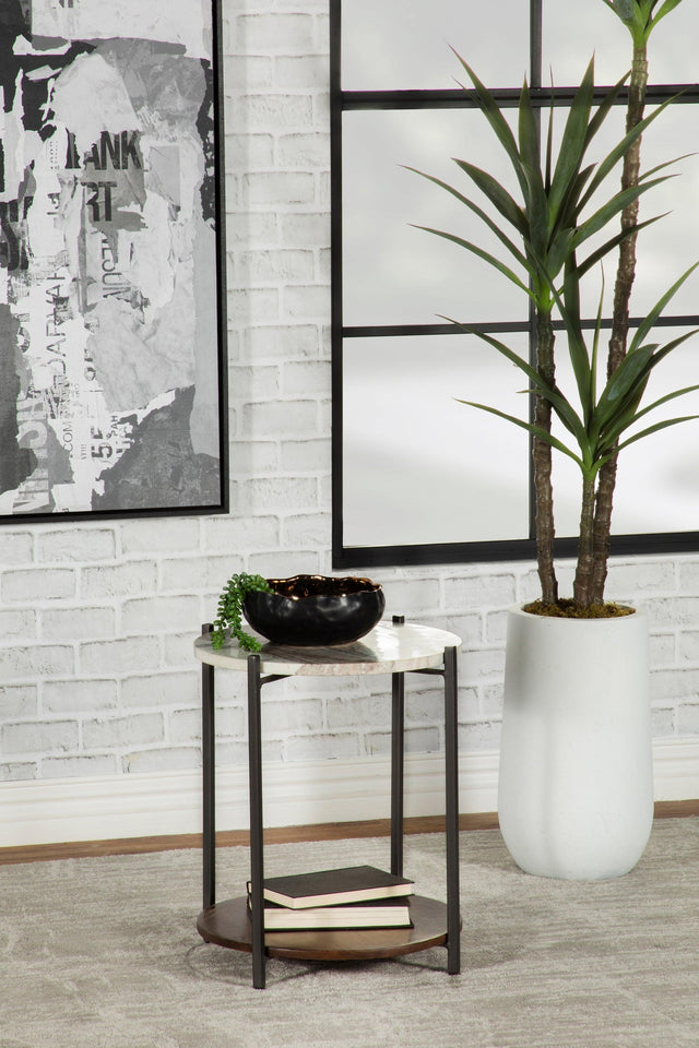 Noemie Round Accent Table With Marble Top White And Gunmetal - Ella Furniture