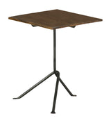 Front view of Heitor square accent table highlighting dark brown mango wood top and gunmetal tripod base