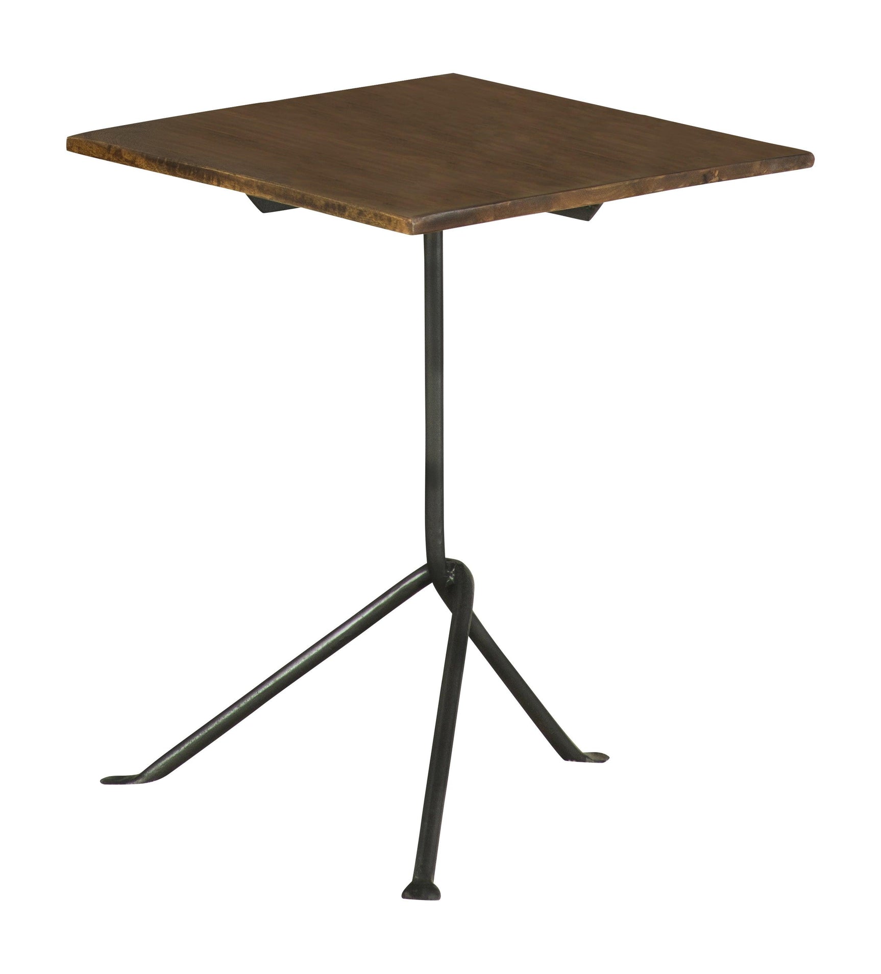 Front view of Heitor square accent table highlighting dark brown mango wood top and gunmetal tripod base