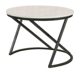 Miguel Round Accent Table showing black metal base and white marble top side angle