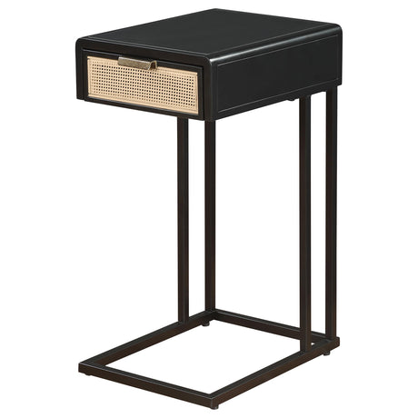 Amherst side table sliding under sofa arm showing C-shape design