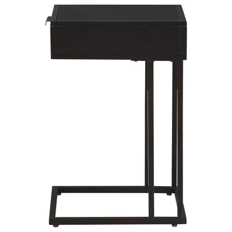 Amherst side table black metal leg and leveler detail