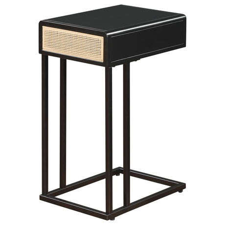 Amherst side table metal frame corner and leveler close-up