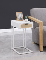 Side angle of Amherst side table highlighting C-shape design