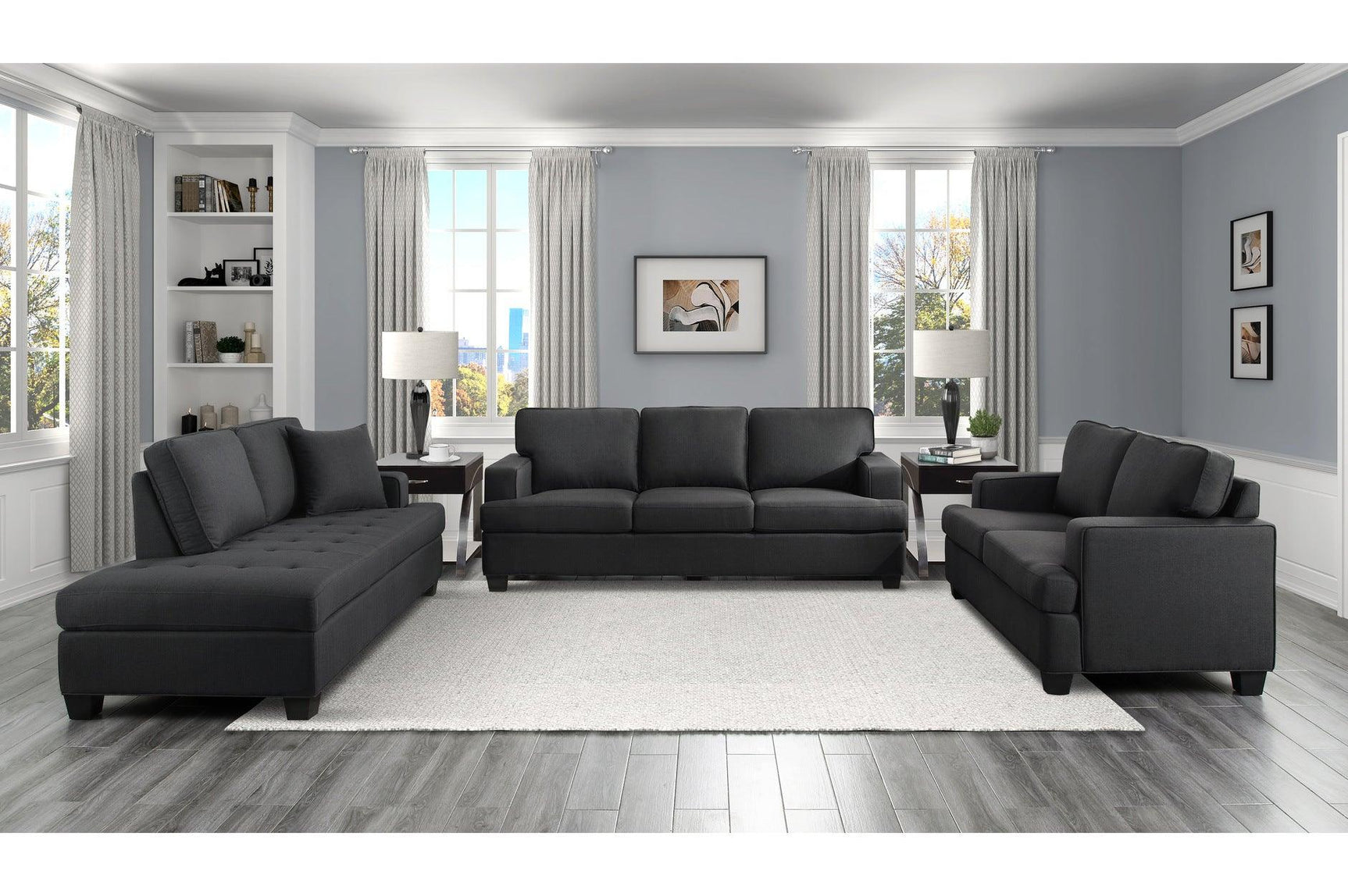 Side view of Elmont Black Fabric Sofa and Loveseat