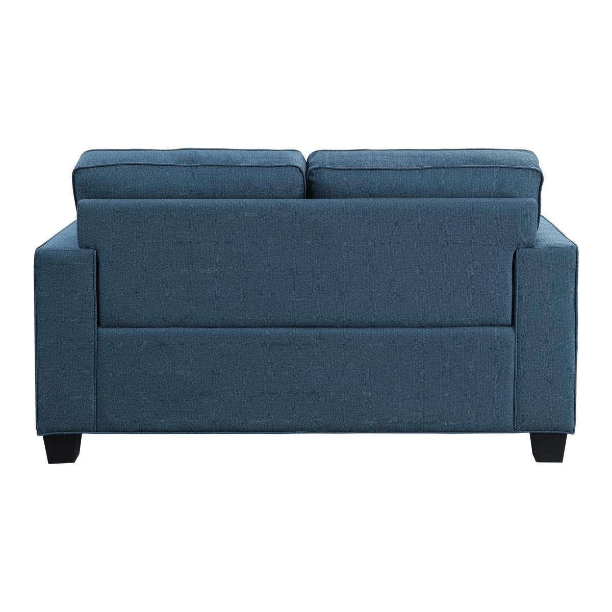 Back view of Elmont Blue Loveseat showing reversible cushions and upholstery