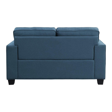 Back view of Elmont Blue Loveseat showing reversible cushions and upholstery