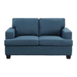 Elmont Blue Loveseat front view showing textured blue upholstery and solid wood frame