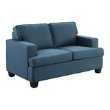 Elmont Blue Loveseat side angle highlighting track arms and plush cushions