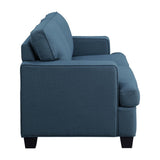 Side view of Elmont Blue Loveseat showcasing fabric texture and leg finish