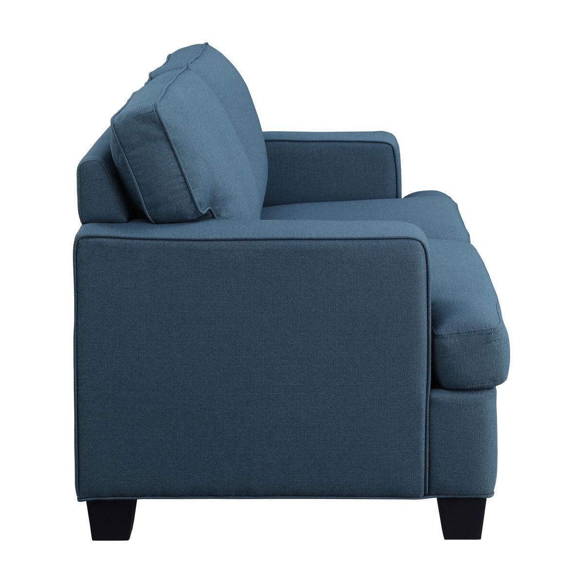 Side view of Elmont Blue Loveseat showcasing fabric texture and leg finish