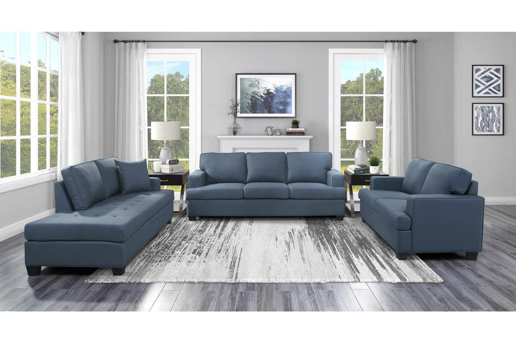 Side view of Elmont Blue Fabric Sofa and Loveseat set
