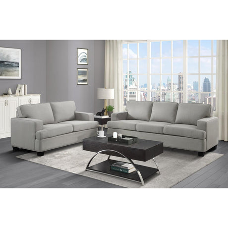 Main view of Elmont Khaki Fabric Sofa in living room setting