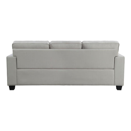 Close-up detail of khaki textured fabric upholstery on Elmont sofa