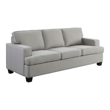 Side view of Elmont Khaki Fabric Sofa showing armrest and seat depth