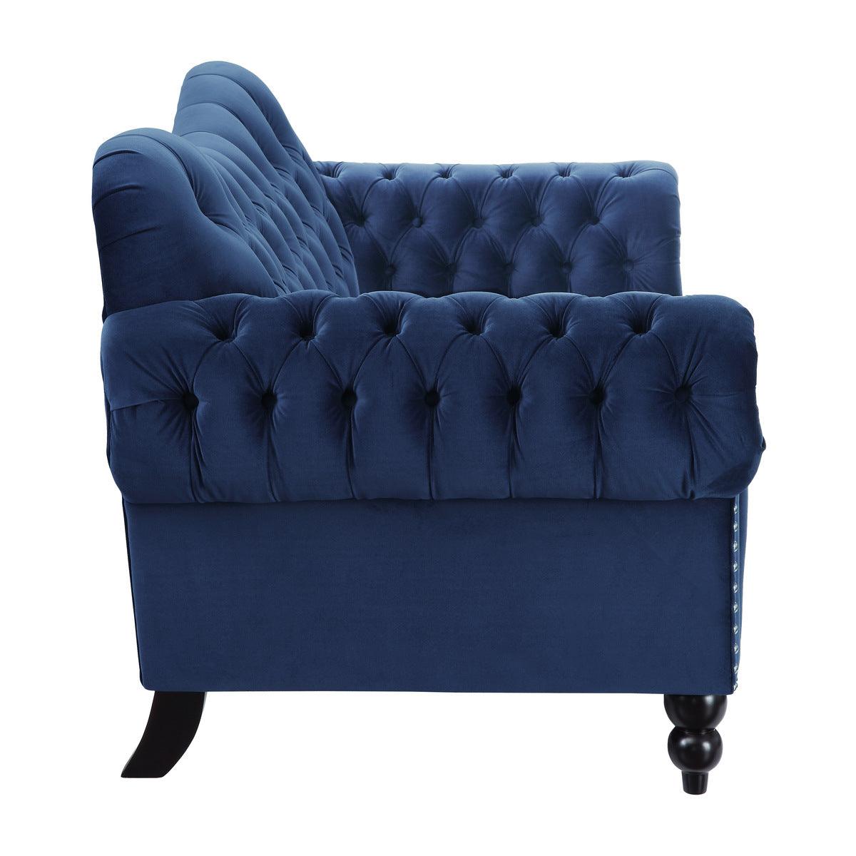 Rosalie Navy Blue Velvet Tufted Loveseat angled side view
