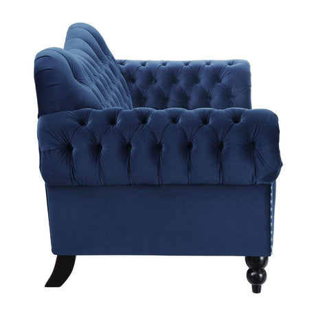 Rosalie Navy Blue Velvet Tufted Loveseat angled side view