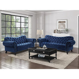 Rosalie Navy Blue Velvet Tufted Loveseat lifestyle setting