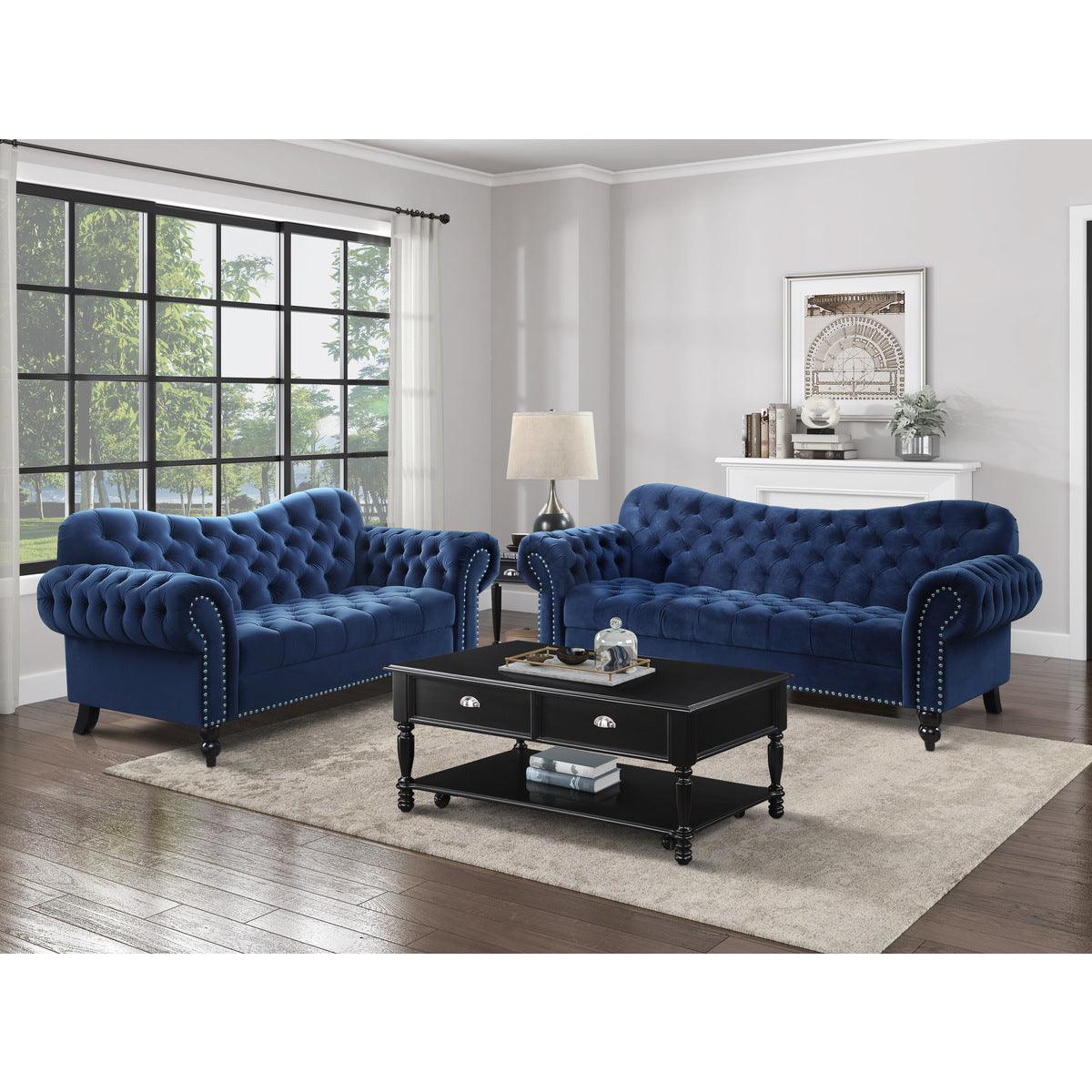 Rosalie Navy Blue Velvet Tufted Loveseat lifestyle setting