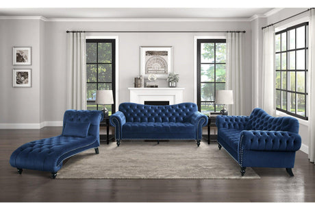 side view of Rosalie Navy Velvet Tufted Living Room Set sofa