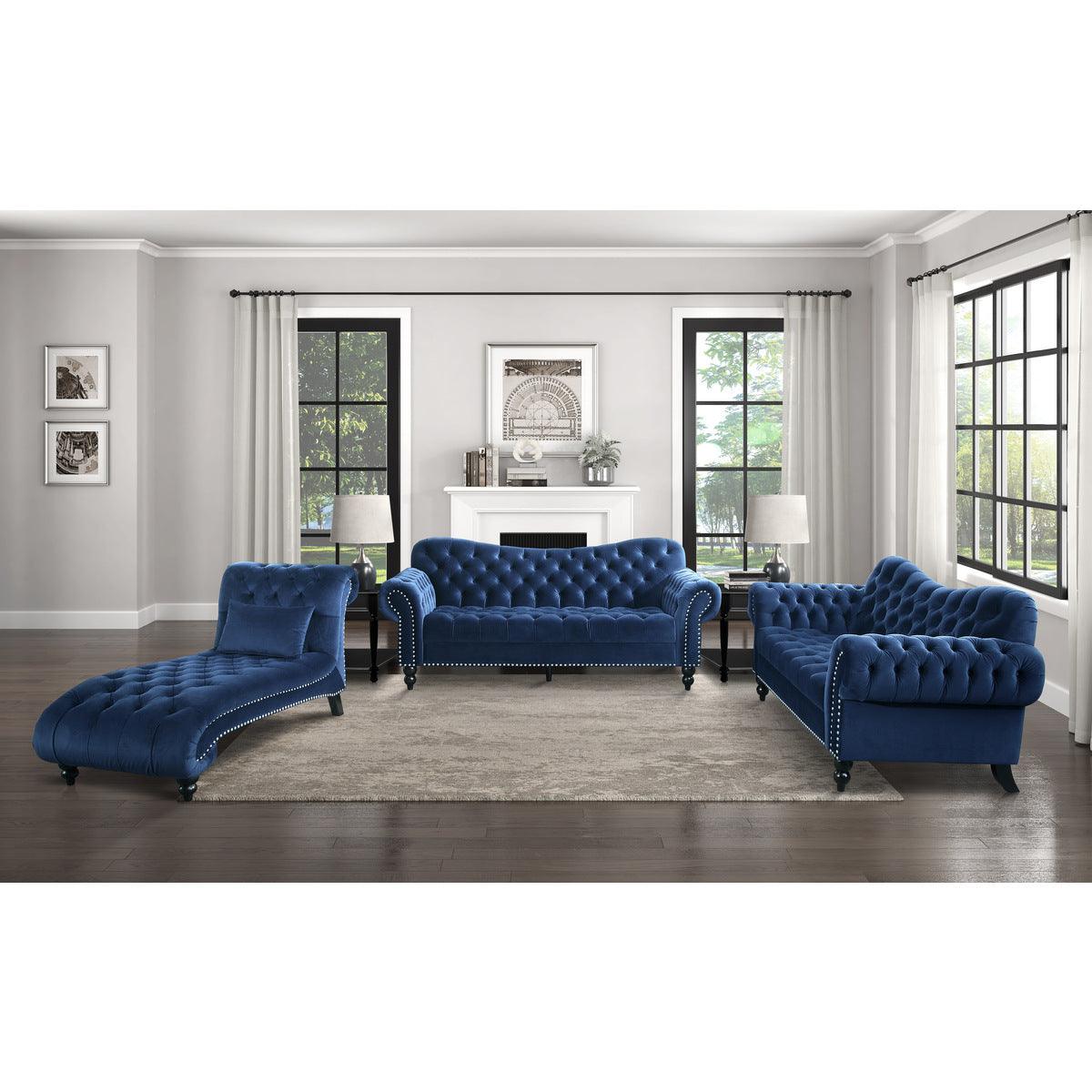 Rosalie Navy Blue Velvet Tufted Loveseat paired with matching chair