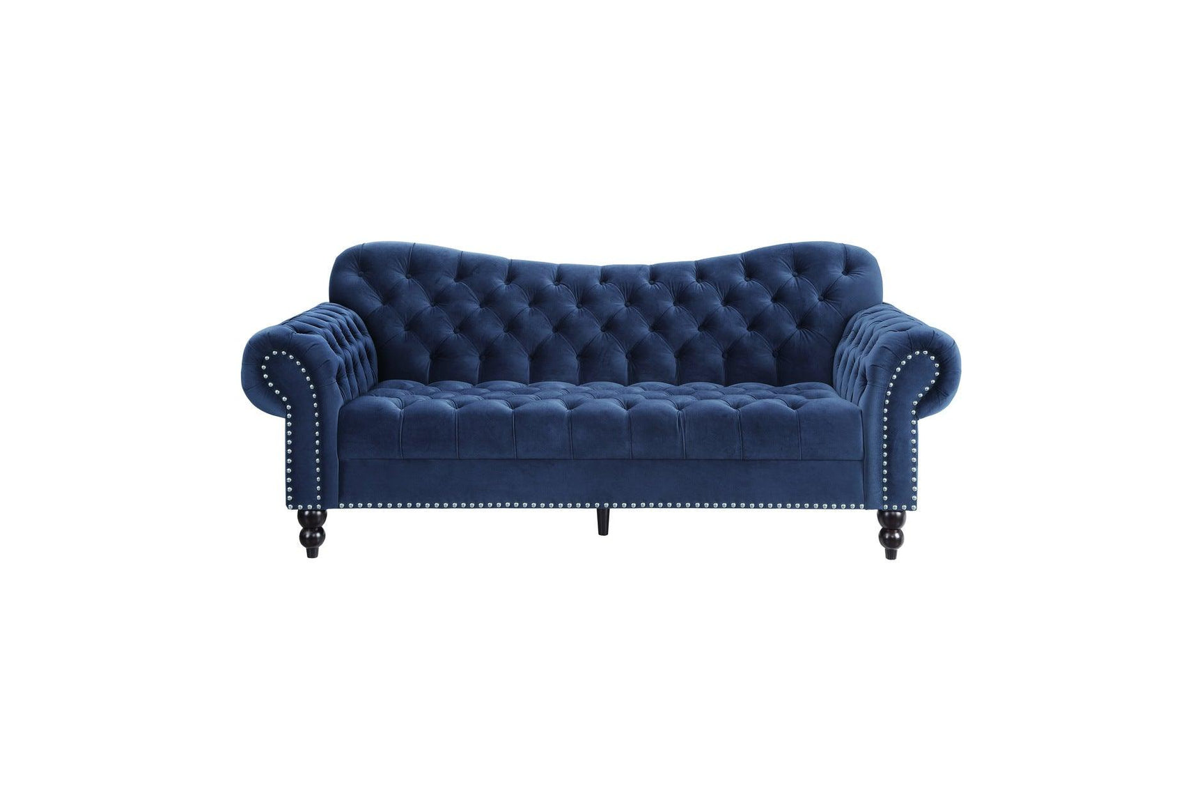 detail view of tufted navy velvet upholstery on sofa