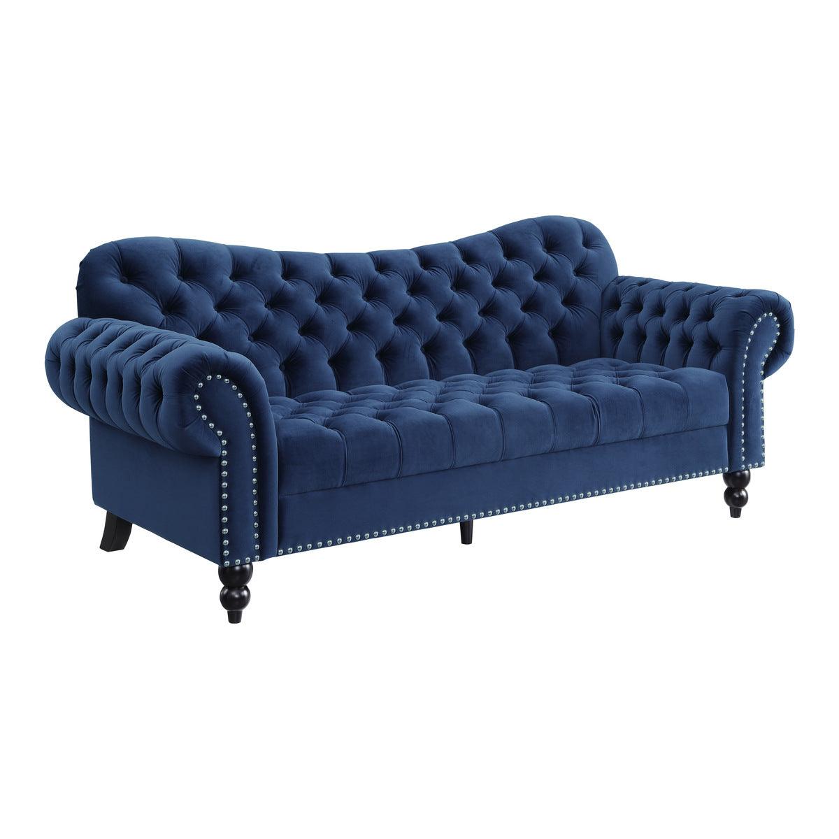 Rosalie Navy Blue Velvet Tufted Sofa side view