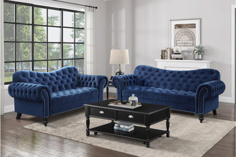 main view of Rosalie Navy Velvet Tufted Living Room Set sofa and loveseat