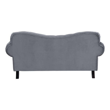 Rosalie dark gray velvet tufted loveseat back view