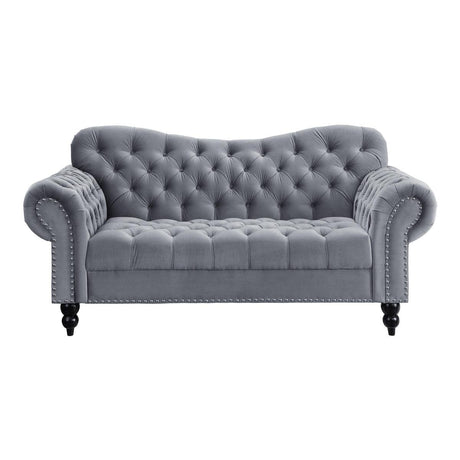 Rosalie dark gray velvet tufted loveseat front view