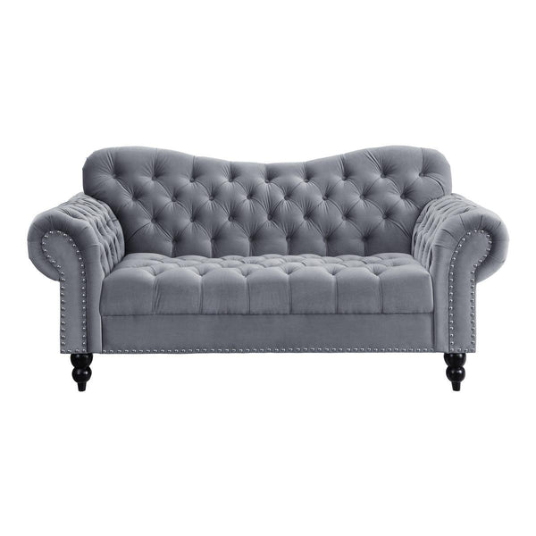 Rosalie dark gray velvet tufted loveseat front view