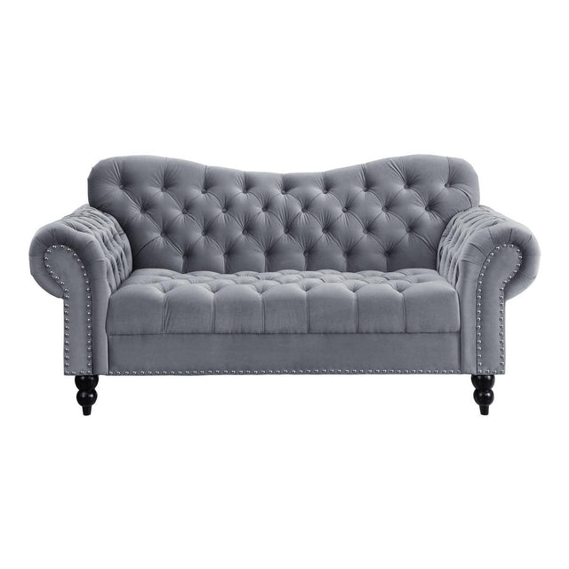Rosalie dark gray velvet tufted loveseat front view