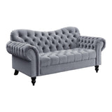 Rosalie dark gray velvet tufted loveseat side angle