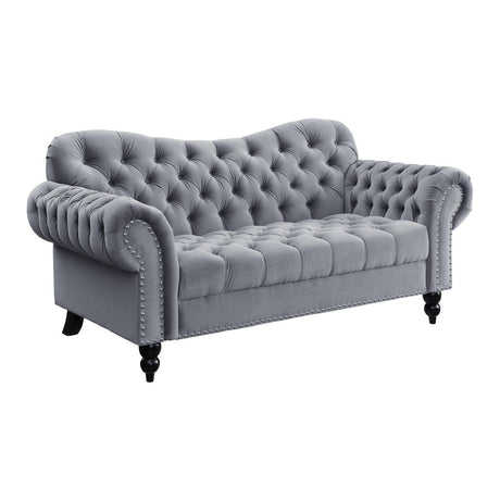 Rosalie dark gray velvet tufted loveseat side angle