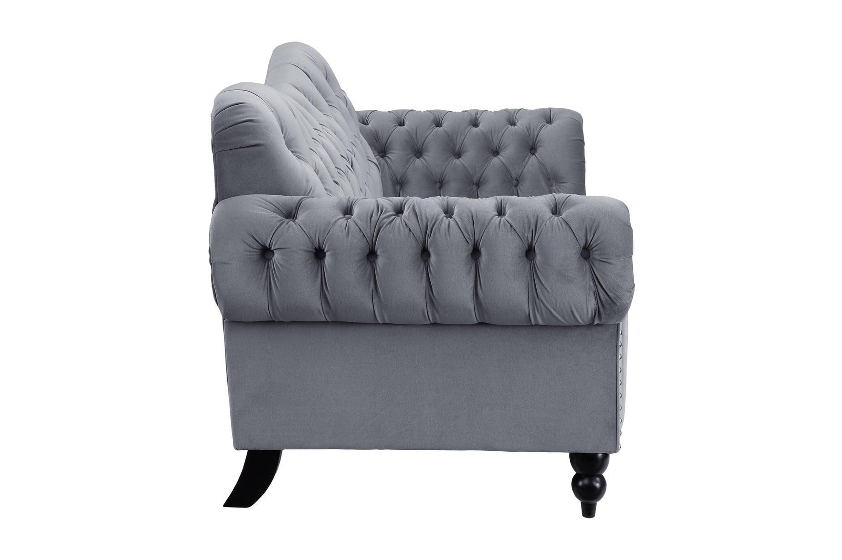 Side perspective of velvet loveseat