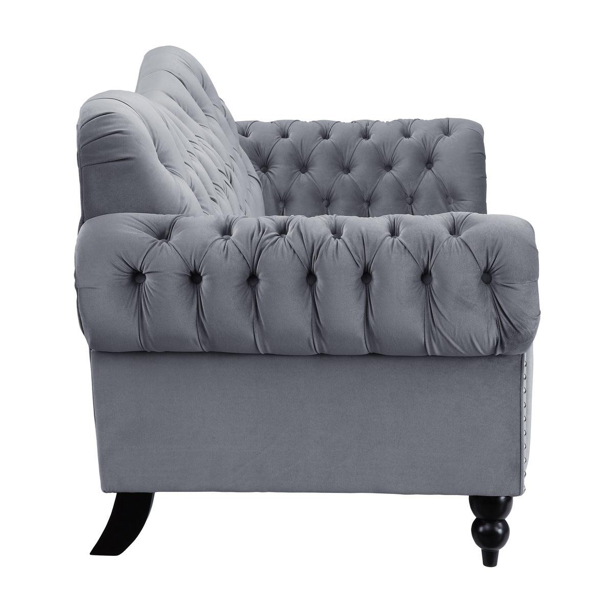Rosalie dark gray velvet tufted loveseat other side view