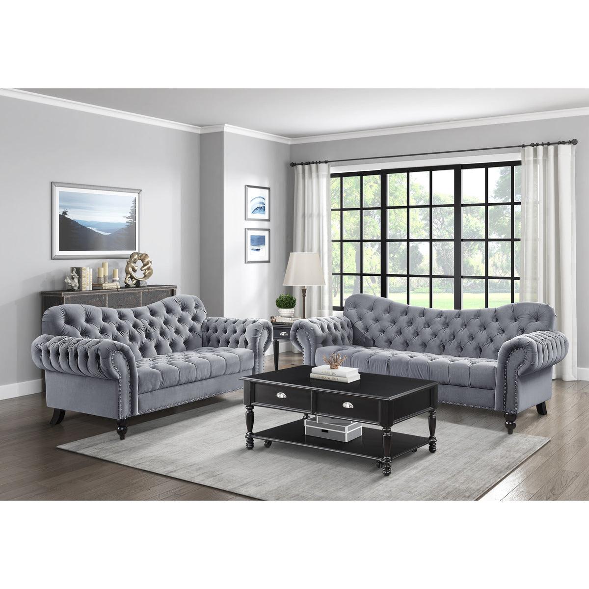 Rosalie dark gray velvet tufted sofa multiple angle view